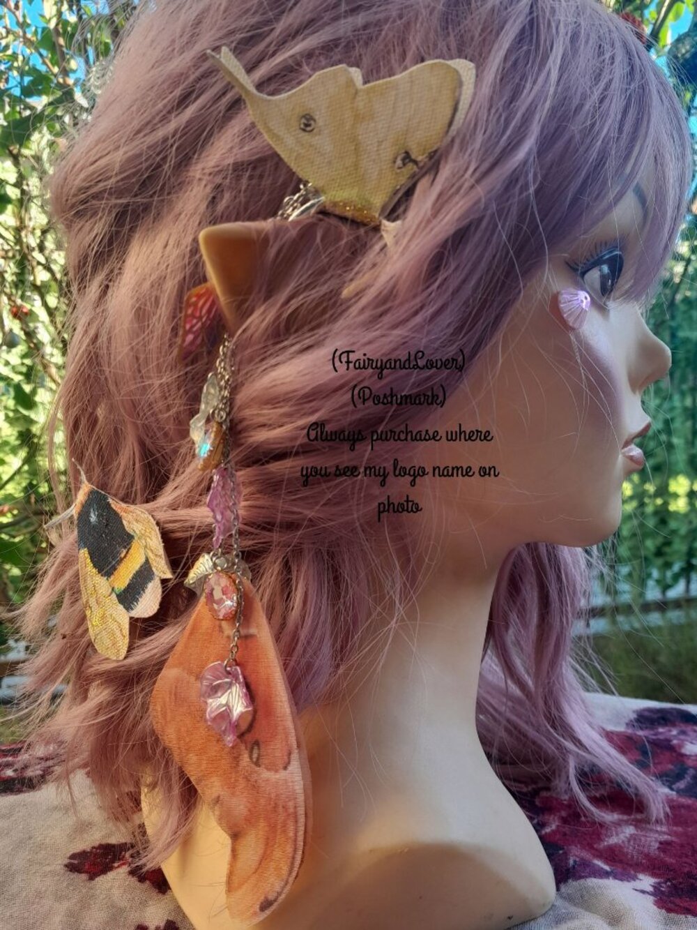 Fairy Butterfly atlas moth wing silk organza wrap ear cuff chandelier earrings